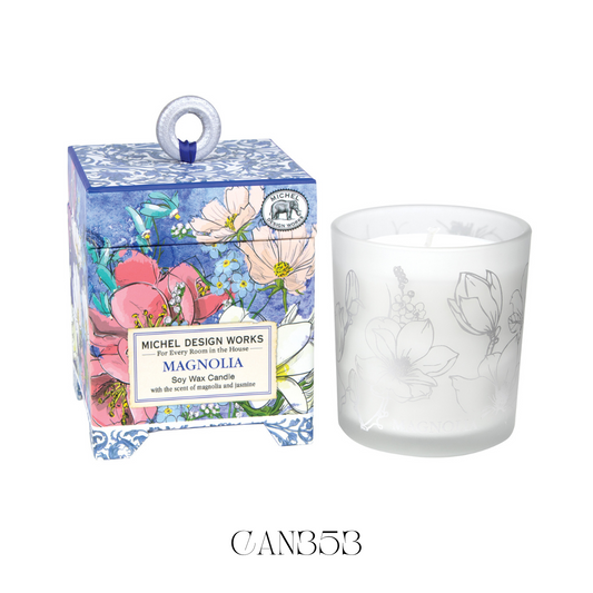 6.5oz Magnolia Soy Wax Candle in a decorative printed glass container with a clean burn and 40-hour burn time