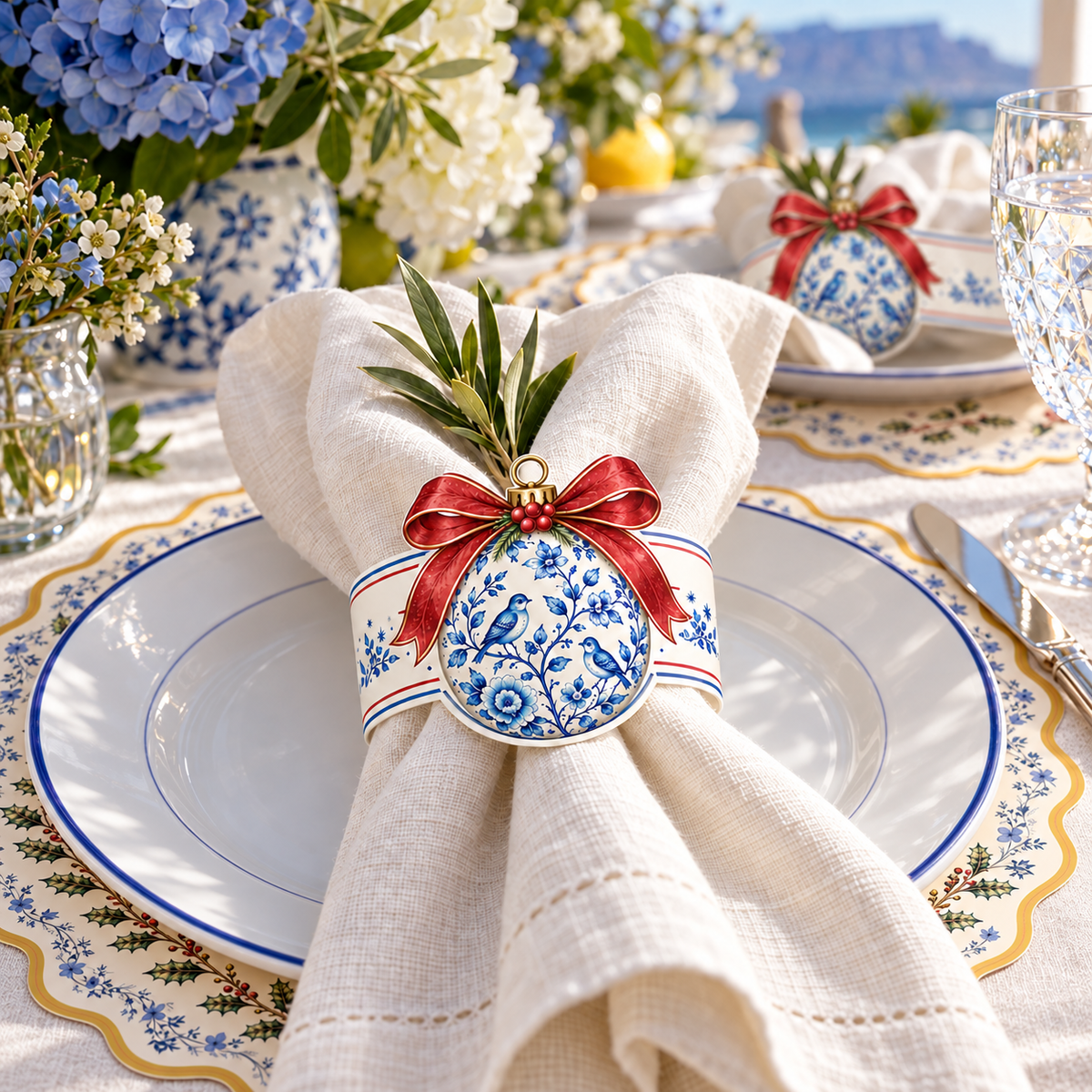 Christmas Delft Bauble Napkin Rings - Pack of 8
