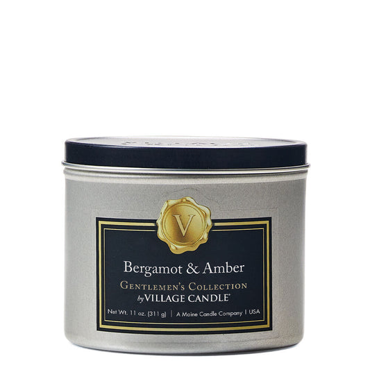 Bergamot and Amber Stonewall Gentlemen’s Candle in a sleek glass container, featuring a luxurious soy blend and a sophisticated scent blend of cashmere, fresh bergamot, citrus, amber, and tonka bean