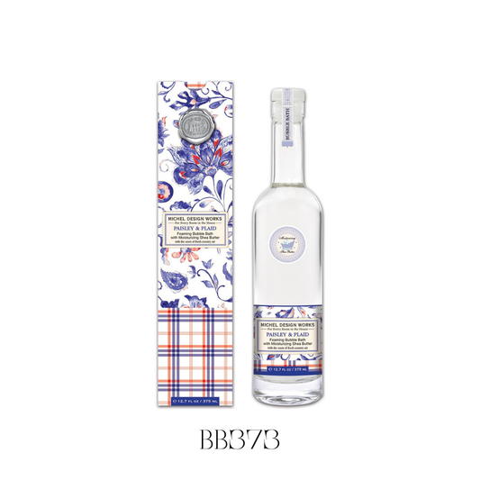 Bubble Bath Paisley and Plaid in a long-necked glass aperitif bottle with an elegant paisley and plaid design, fitted with a stopper, perfect for adding a touch of sophistication to your bath routine.