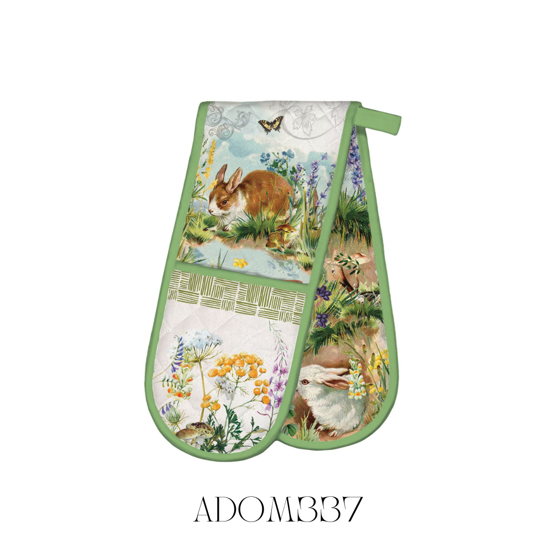 Bunny Hollow Double Oven Mitt with a charming bunny design, made from 100% cotton with a cotton/poly fill for extra thickness and protection, measuring approximately 85 x 27.75 cm