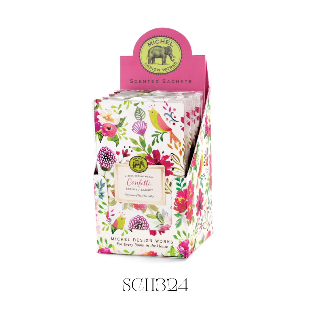 Confetti Scented Sachets packaged neatly, each sachet weighing .7 oz / 20g. Featuring a delicate fragrance of lily of the valley with notes of green tea, amber, and tulips, ideal for freshening drawers, closets, or even vacuum cleaner bags