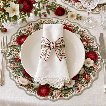 Christmas Botanical Bow Napkin Rings - Set of 8