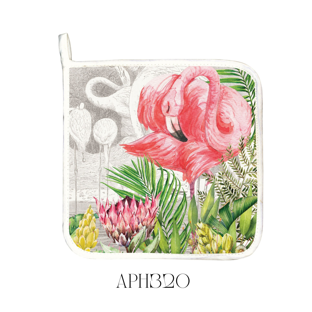 Flamingo Pot Holder laid flat, featuring a vibrant flamingo print on one side and a solid color on the other. Made of all-cotton fabric, this pot holder combines function and design, perfect for mixing and matching in the kitchen. Approximate size: 22.8 x 22.8 cm