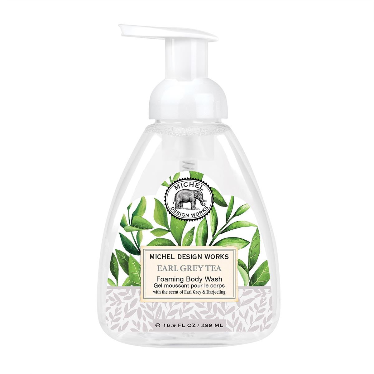 Foaming Body Wash Earl Grey Tea in a sleek bottle, containing a luxurious blend of gentle cleansers, shea butter, and aloe vera. This body wash provides a rich, foaming lather with the refreshing scent of Earl Grey tea, leaving skin soft and moisturized