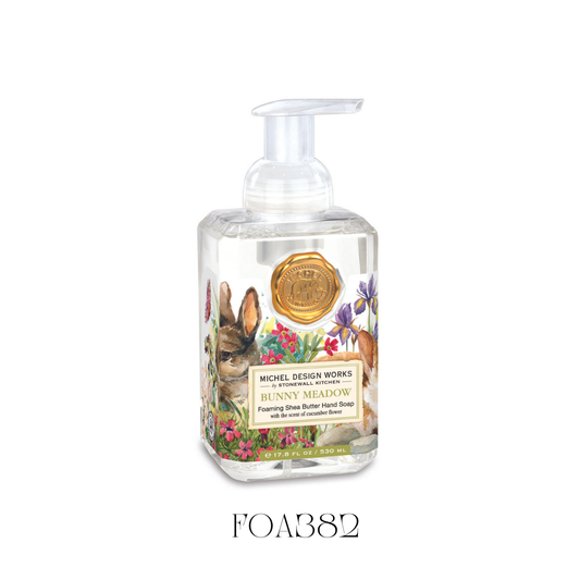 Foaming Soap Bunny Meadow in a generously sized bottle, featuring an adorable bunny design. This soap offers great value with high-quality ingredients, including shea butter and aloe vera, for gentle cleansing and moisturizing. It leaves hands with a fresh scent of blooming flowers and a hint of cucumber