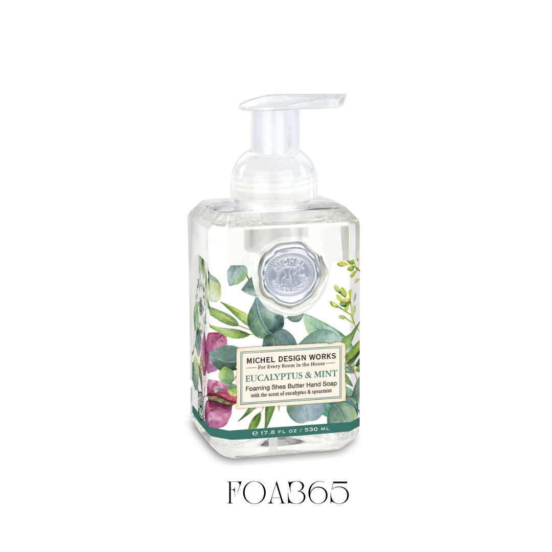 Foaming Soap Eucalyptus and Mint in a sleek bottle, enriched with shea butter and aloe vera for extra soothing and moisturizing. This hand soap features a refreshing scent blend of green eucalyptus, spearmint, orange, and geranium, providing a breath of fresh air and a lively foaming experience