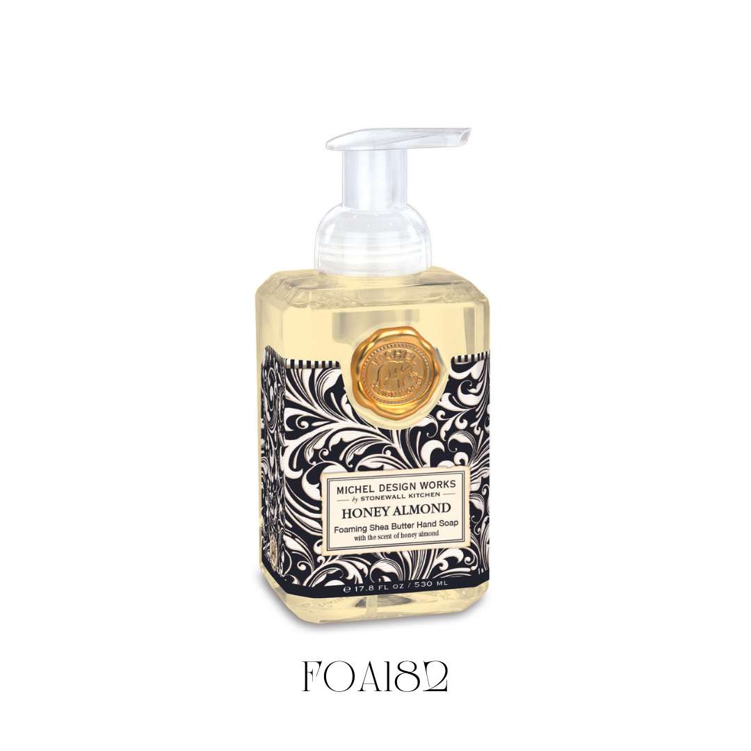 Foaming Soap Honey Almond in a generously sized bottle, featuring a beautiful design. This luxurious hand soap blends the scents of toasted almonds, sweet cherries, vanilla, and honey. Enriched with shea butter and aloe vera, it gently cleanses and moisturizes, leaving hands soft and delicately scented