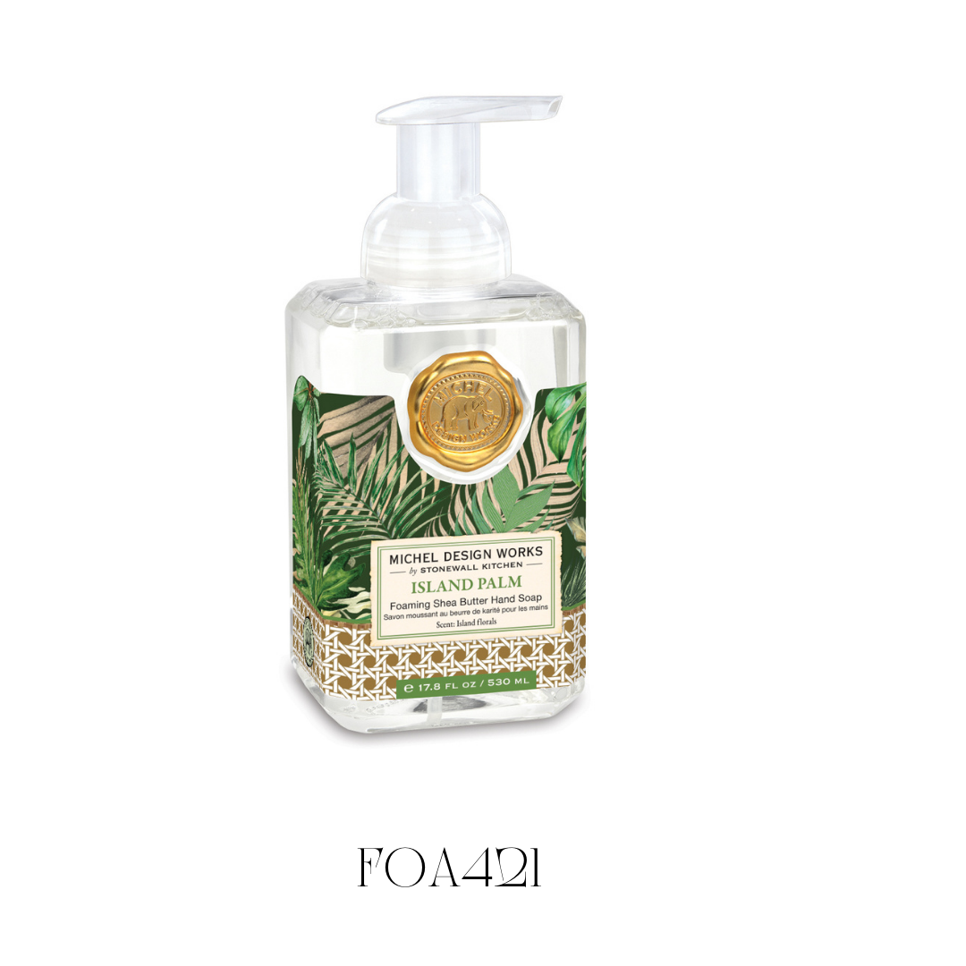 Foaming Soap Island Palm in a generously sized dispenser, featuring a tropical island design. This hand soap is enriched with premium ingredients like shea butter and aloe vera, gently cleansing and moisturizing the skin while leaving hands lightly scented with notes of lush flowers, sweet fruits, and tuberose.