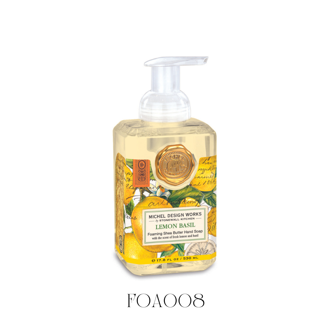 Foaming Soap Lemon Basil in a sleek bottle, offering a refreshing scent blend of lemon, mandarin, and a hint of fresh basil leaves. This popular hand soap is enriched with shea butter and aloe vera for gentle cleansing and moisturizing, perfect for adding a crisp citrus fragrance to any room