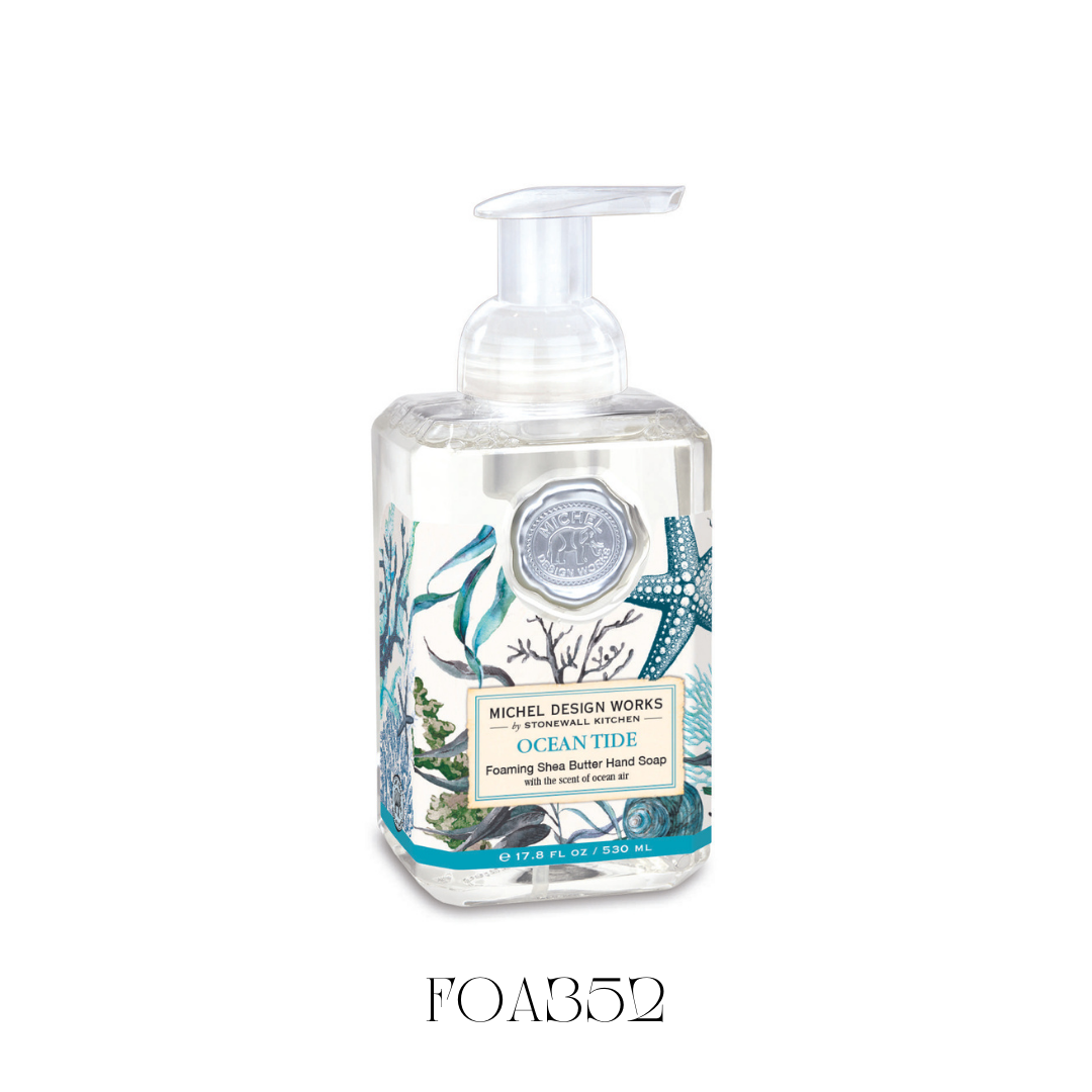 Foaming Soap Ocean Tide in a cool blue and aquamarine bottle, evoking the serene atmosphere of a seashore. This marine-scented hand soap is enriched with shea butter and aloe vera to gently cleanse and moisturize, with a fresh fragrance of ocean air, dewy melon, and lily of the valley