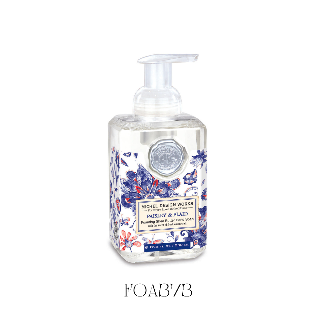 Foaming Soap Paisley and Plaid in a bold, modern-day plaid-patterned bottle, featuring a fresh linen and floral scent. This soap is enriched with shea butter and aloe vera, providing a rich, moisturizing foam that gently cleanses and softens hands