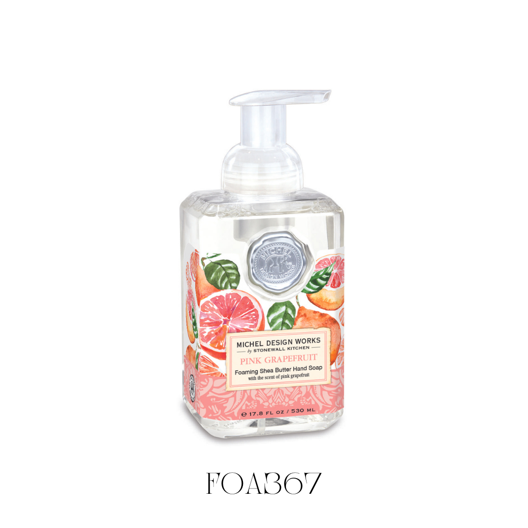 Foaming Soap Pink Grapefruit in a generously sized bottle, featuring a refreshing sweet-tart grapefruit scent. Enriched with shea butter and aloe vera, this hand soap gently cleanses and moisturizes, leaving hands feeling soft and revitalized