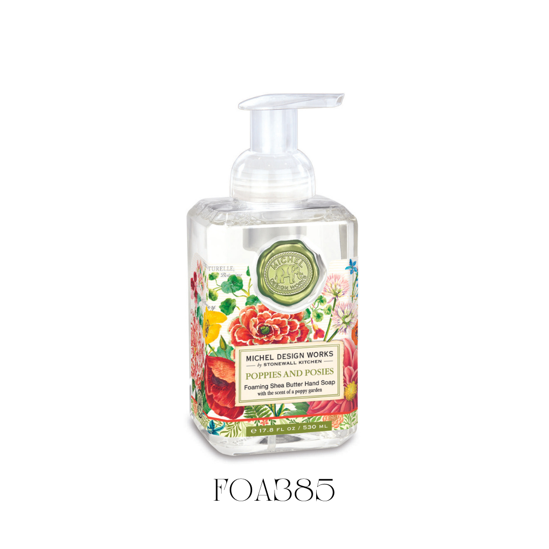 Foaming Soap Poppies and Posies in a generously sized bottle, featuring a bright floral design. This hand soap offers great value and high quality, enriched with shea butter and aloe vera for gentle cleansing and moisturizing, with an inviting floral fragrance perfect for summer