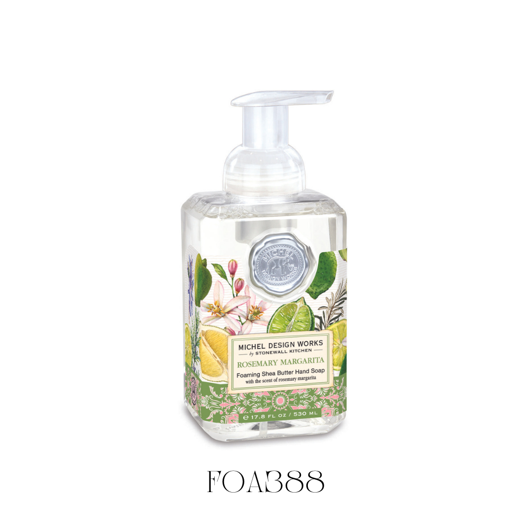 Foaming Soap Rosemary Margarita in a generously sized bottle, featuring colorful artwork inspired by the refreshing scent of a margarita. This hand soap is enriched with shea butter and aloe vera for gentle cleansing and moisturizing, offering a unique fragrance blend of fruity, floral, and spicy notes