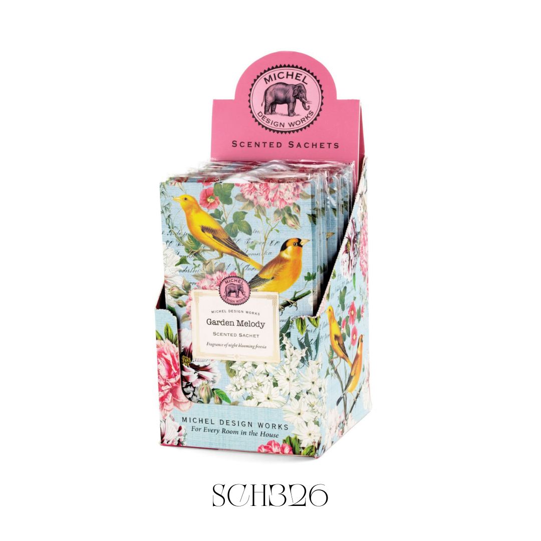 Pack of 12 Garden Melody Scented Sachets, each weighing 0.7 oz / 20 g. These versatile sachets, featuring a fragrance of exotic florals like frangipani and jasmine with undertones of cedarwood and lemon, are perfect for freshening drawers, closets, or vacuum cleaner bags