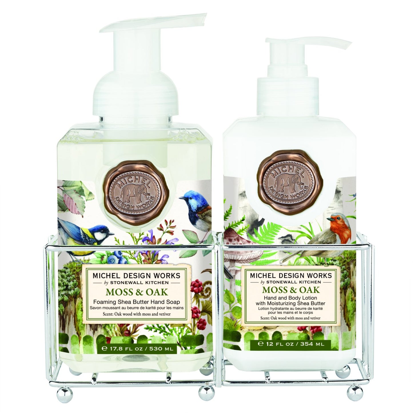 Hand Care Caddy (New Shape) Moss and Oak featuring a foaming hand soap and a rich hand and body lotion, both inspired by the tranquillity of a woodland oasis with lush flora and fauna. Set in an elegant silver-toned caddy, perfect for adding a touch of nature’s serenity to kitchen counters or guest bathrooms