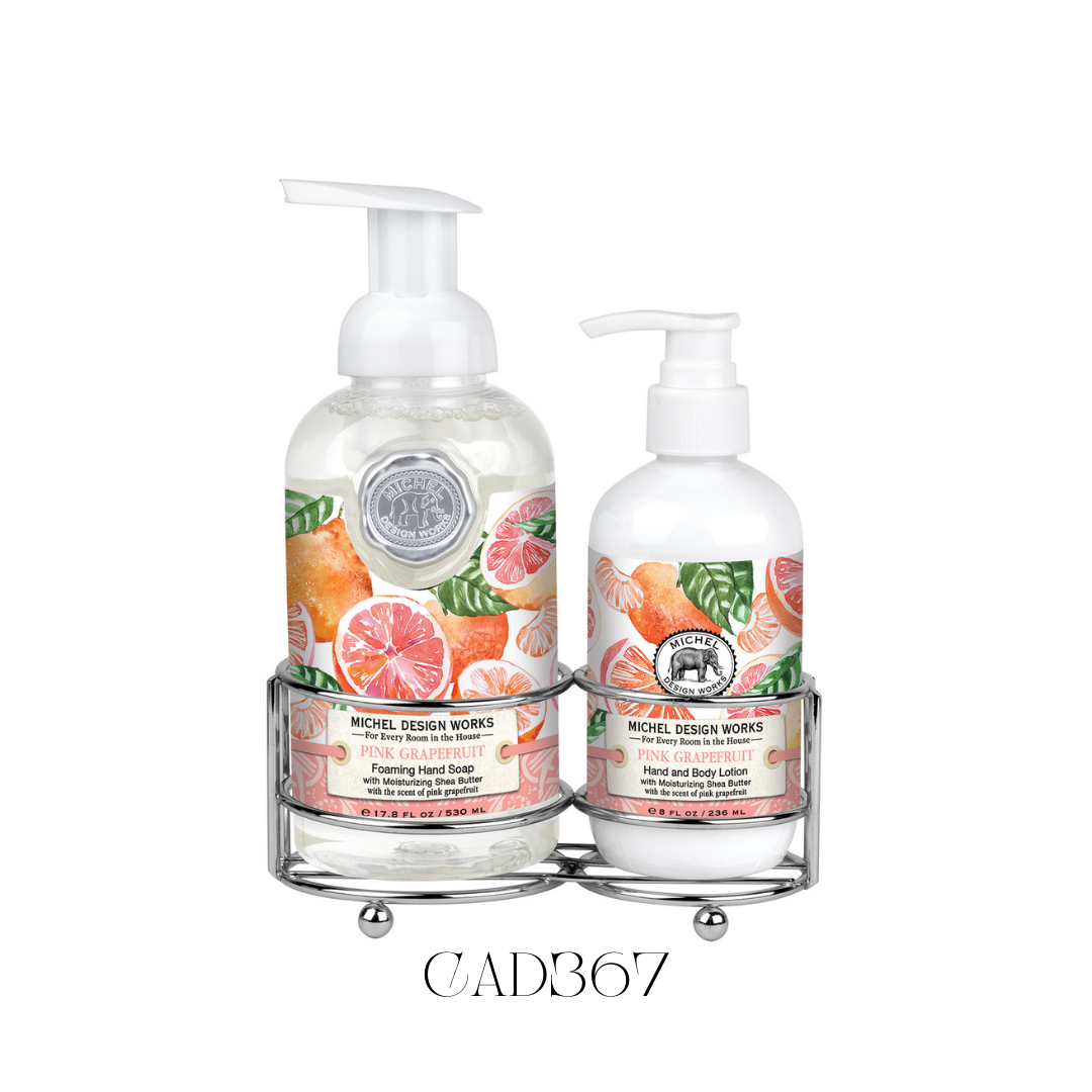 Hand Care Caddy Pink Grapefruit featuring a foaming hand soap and a rich hand and body lotion, both infused with the zesty and bright scent of pink grapefruit. Set in an elegant silver-toned caddy, perfect for adding a refreshing touch to the kitchen or powder room décor