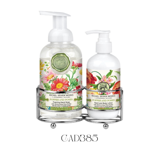 Hand Care Caddy Poppies and Posies featuring a foaming hand soap and a rich hand and body lotion, both with notes of powdery poppy, jasmine, hints of violet, and fruit. Set in an elegant silver-toned caddy, perfect for adding a vibrant touch of summer to kitchen counters or guest bathrooms