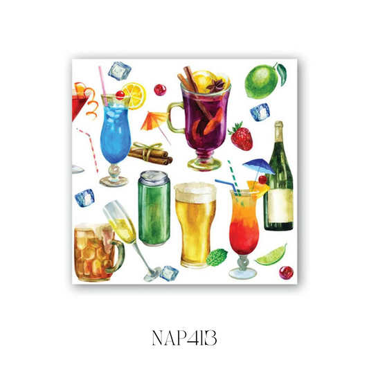 Pack of 20 Happy Hour Cocktail Napkins, beautifully packaged in sets of six. These soft triple-ply paper napkins feature elegant designs, perfect for enhancing the décor of any table at special occasions or everyday family gatherings, folded dimensions: 12.5 x 12.5 cm