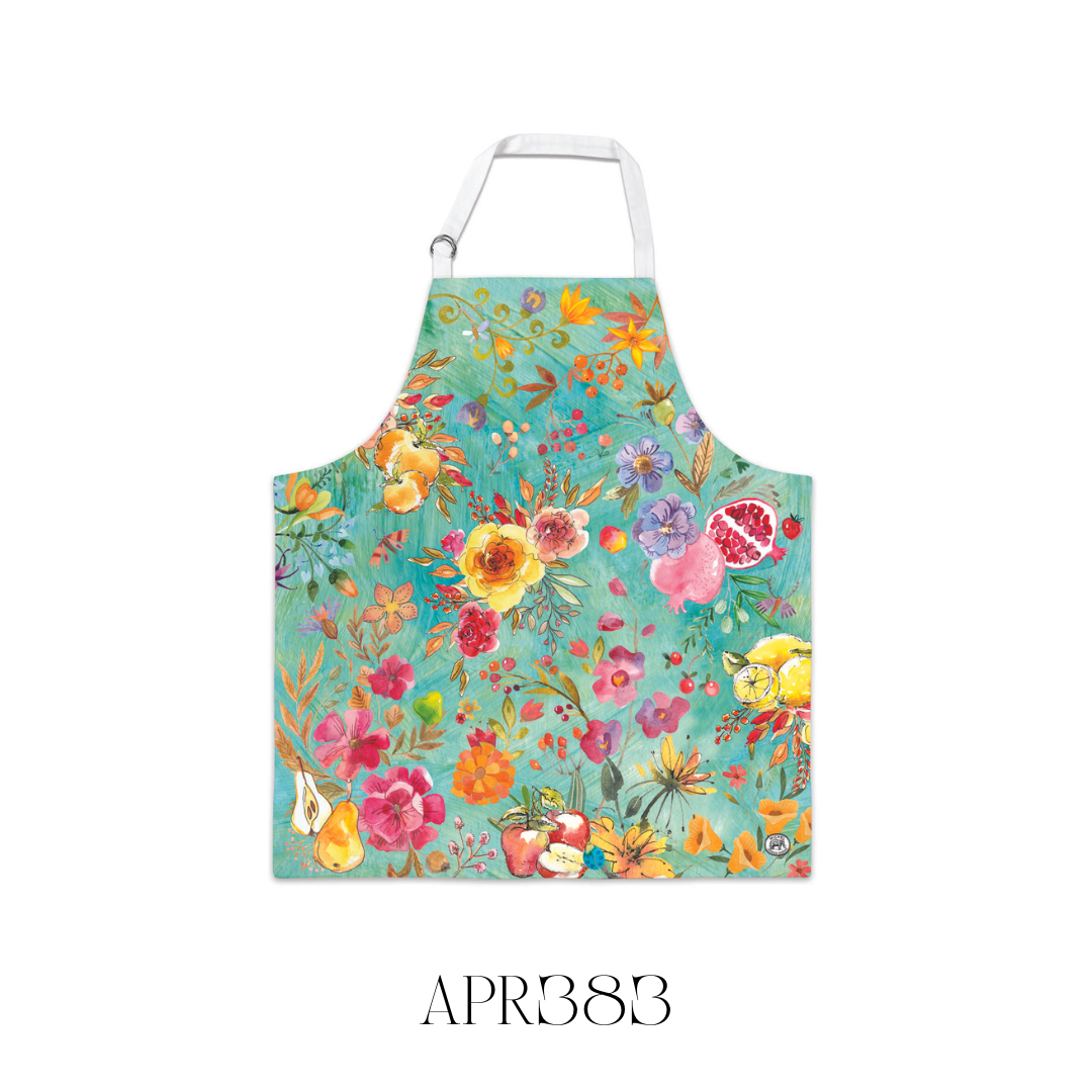 Jubilee Chef’s Apron laid flat, made of 100% cotton with a vibrant design that coordinates with matching kitchen towels. The apron features metal D-rings for neck adjustment and measures 69.8 x 80 cm, making it a stylish and practical kitchen accessory