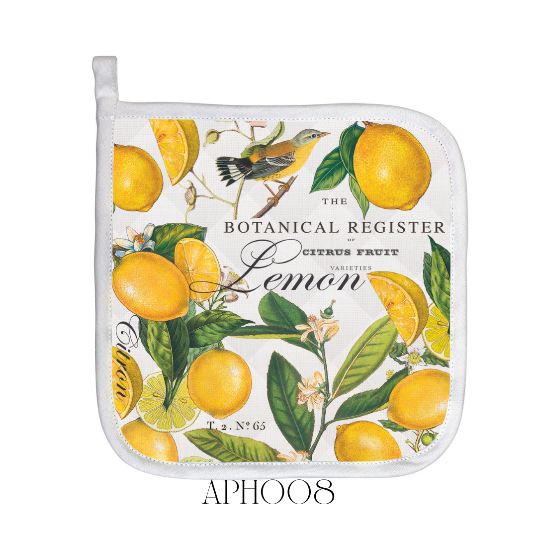 Lemon Basil Pot Holder laid flat, made of 100% cotton with a vibrant lemon basil print on one side and a solid colour on the other. The pot holder measures approximately 22.8 x 22.8 cm, providing both functional heat protection and a stylish addition to the kitchen