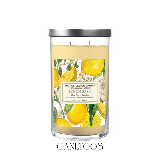 Lemon and Basil Large Tumbler Candle in a glass container, crafted with a soy blend wax and featuring two wicks for an even burn and excellent fragrance throw. This candle emits a refreshing scent of citrus notes, including lemon and mandarin, enhanced with green basil leaf. With a burn time of over 100 hours, it is perfect for long-lasting enjoyment