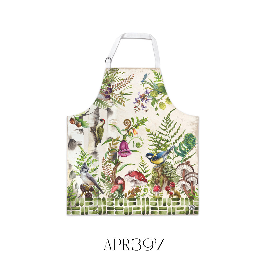 Model wearing the Moss and Oak Chef’s Apron, showcasing its adjustable neck with metal D-rings for a tailored fit. Crafted from high-quality 100% cotton, this apron is perfect for adding a touch of elegance and practicality to any kitchen