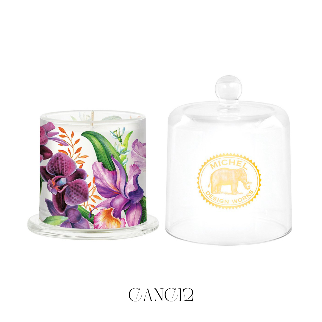 Orchids Cloche Candle with the glass cloche removed, showcasing the elegantly designed candle with a soy blend wax. The candle emits a rich, floral orchid scent that fills the room, ideal for creating a relaxing and fragrant environment