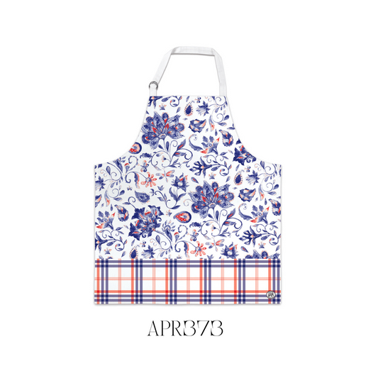 Model wearing the Paisley and Plaid Chef’s Apron, showcasing its adjustable neck with metal D-rings for a tailored fit. Made from high-quality 100% cotton, this apron is perfect for adding a splash of colour and elegance to any kitchen setting