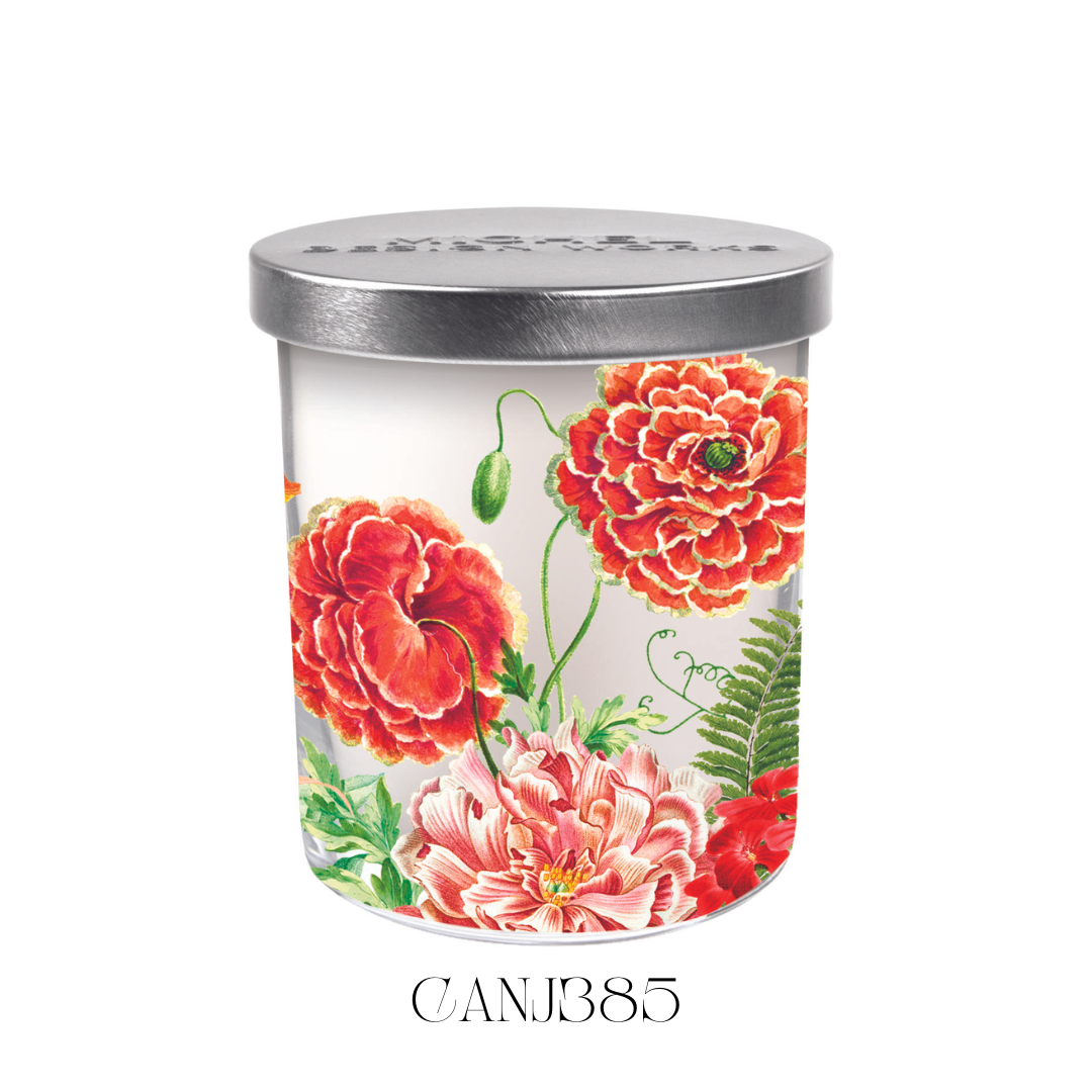 Lit Poppies and Posies Candle Jar, showcasing its elegant design and detailed floral artwork on the glass jar. The soy blend wax emits a delightful fragrance of poppy, jasmine, violet, and fruity notes, perfect for creating a cosy and aromatic atmosphere in any space