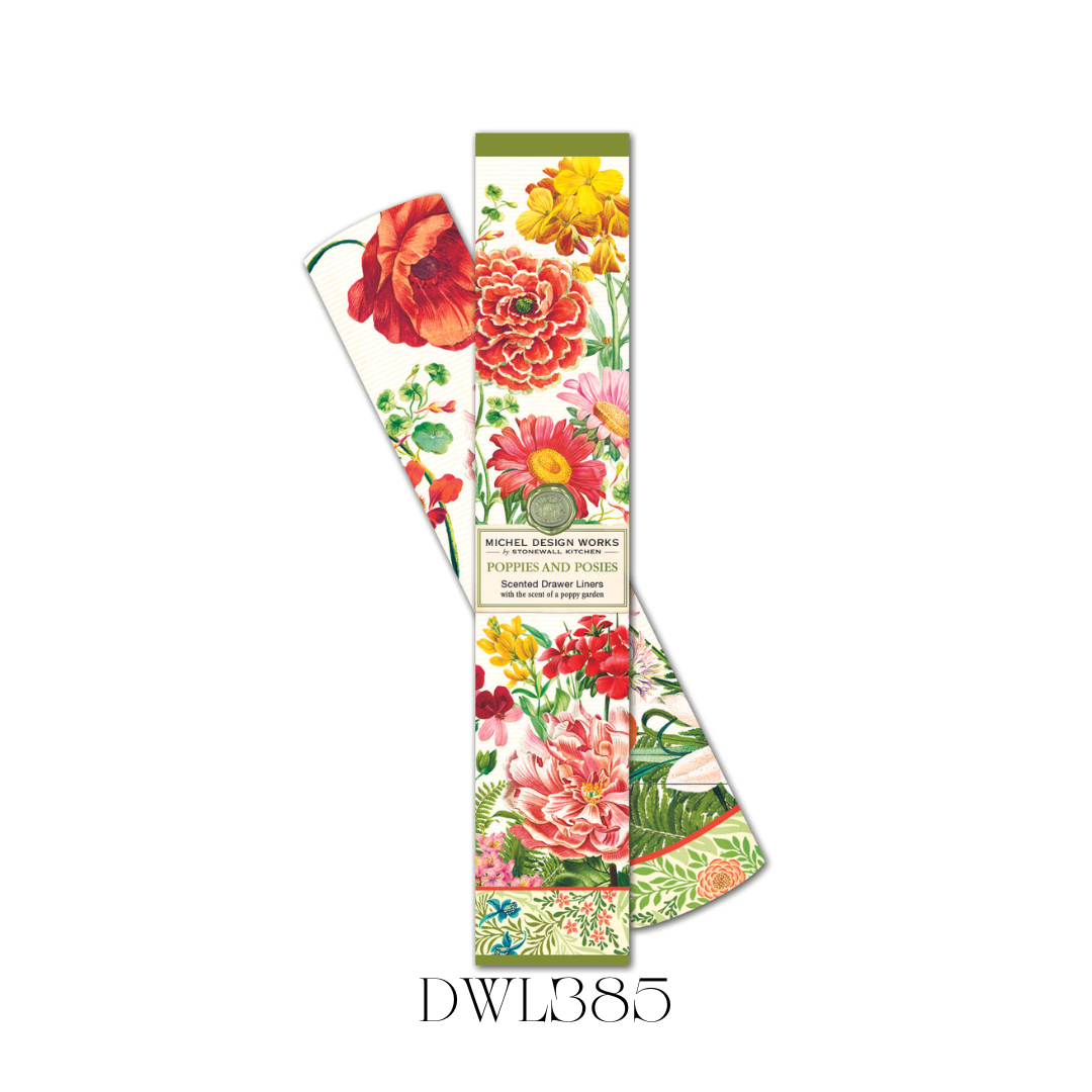 Poppies and Posies Drawer Liners placed inside a drawer, showcasing the vibrant floral pattern that enlivens the space with a fresh fragrance. The liners are made of heavyweight paper and are easy to cut to fit any drawer, shelf, or cabinet, adding a decorative and aromatic touch