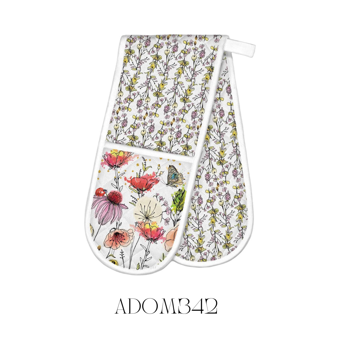 Posies Double Oven Mitt laid flat, made of 100% cotton with a cotton/poly fill for extra thickness and heat protection. The mitt features a charming floral design and measures approximately 85 x 27.75 cm, providing excellent protection when handling hot kitchen dishes