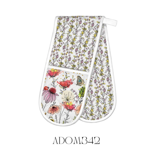 Posies Double Oven Mitt laid flat, made of 100% cotton with a cotton/poly fill for extra thickness and heat protection. The mitt features a charming floral design and measures approximately 85 x 27.75 cm, providing excellent protection when handling hot kitchen dishes