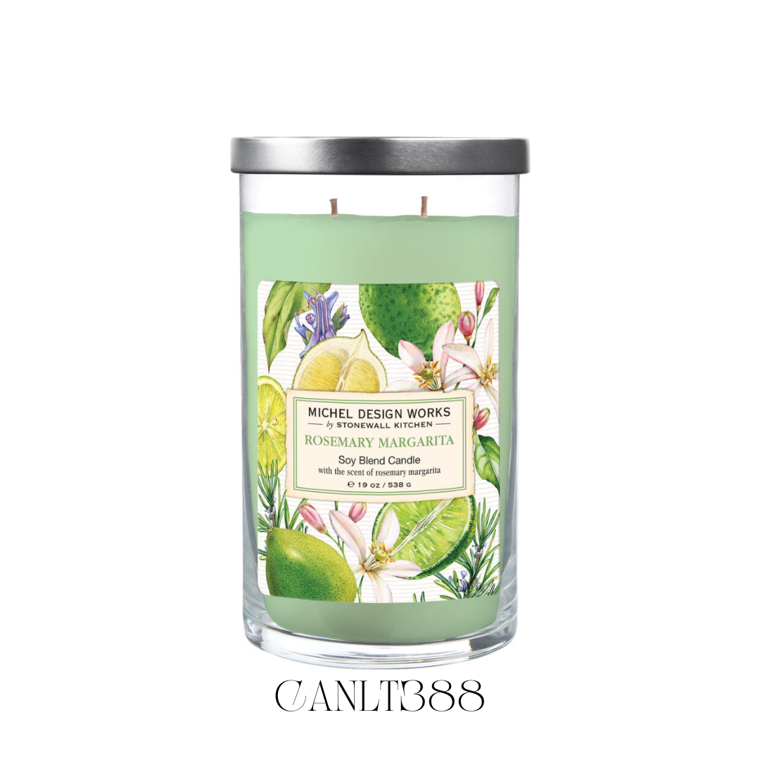 Lit Rosemary Margarita Large Tumbler Candle with two wicks, providing a bright and inviting glow. The soy blend wax offers a clean burn while releasing a refreshing fragrance of citrus, rosemary, raspberry, and musk, ideal for creating a lively and aromatic atmosphere