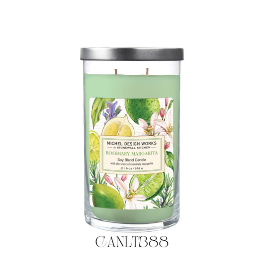 Lit Rosemary Margarita Large Tumbler Candle with two wicks, providing a bright and inviting glow. The soy blend wax offers a clean burn while releasing a refreshing fragrance of citrus, rosemary, raspberry, and musk, ideal for creating a lively and aromatic atmosphere