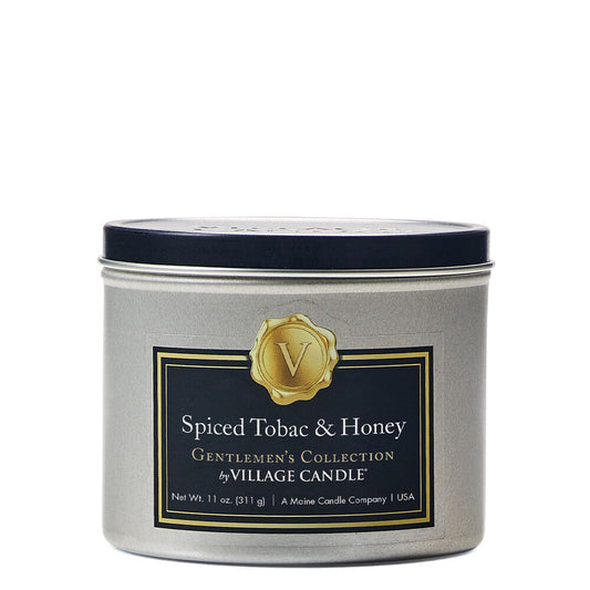 Lit Spiced Tabac and Honey Stonewall Gentlemen’s Candle, showcasing its creamy soy blend wax and warm glow. The candle releases an intoxicating fragrance of tobacco leaves, honey, peppercorn, mahogany, and bergamot, perfect for pairing with a glass of whiskey and creating a cosy, sophisticated ambiance