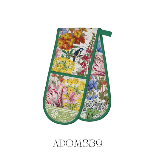 Summer Days Double Oven Mitt in use, demonstrating its extra-thick padding and durable cotton construction for maximum heat resistance. The vibrant summer-themed pattern adds a fun and lively touch to kitchen décor while ensuring safety when handling hot cookware