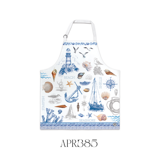 Model wearing The Shore Chef’s Apron, showcasing its adjustable neck with metal D-rings for a tailored fit. Crafted from high-quality 100% cotton, this apron is perfect for adding a seaside flair and practicality to any kitchen setting.