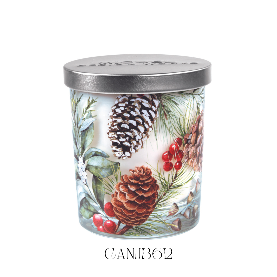 Lit White Spruce Candle Jar with its lid beside it, showcasing the elegant artwork on the glass and the warm glow of the soy blend wax. The candle emits a fresh, aromatic scent of spruce, fruit, and spice, perfect for creating a cosy, winter ambiance.