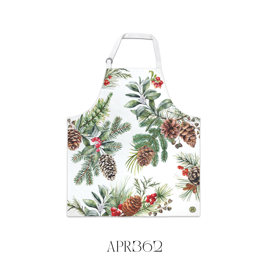 Model wearing the White Spruce Chef’s Apron, showcasing its adjustable neck with metal D-rings for a tailored fit. Crafted from high-quality 100% cotton, this apron adds a fresh, natural touch to any kitchen setting, perfect for cooking enthusiasts.