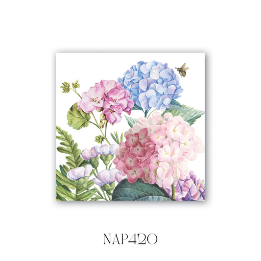 Wild Hydrangea Cocktail Napkin fully open, showcasing its detailed and colorful hydrangea artwork. Made from soft, triple-ply paper, these napkins are ideal for enhancing the décor at any event, with open dimensions of 25 x 25 cm.