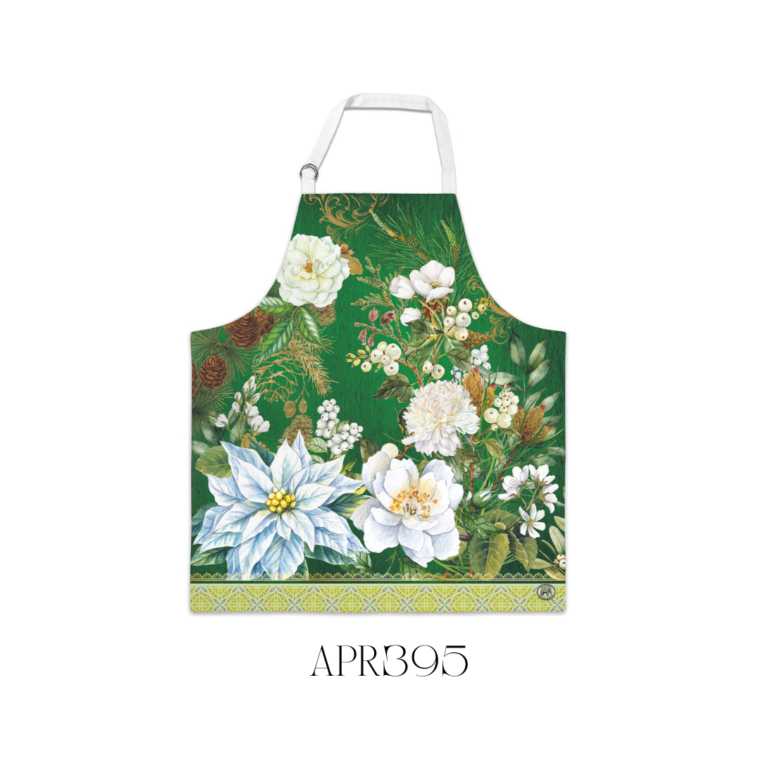 Model wearing the Winter Blooms Chef’s Apron, showcasing its adjustable neck with metal D-rings for a tailored fit. Crafted from high-quality 100% cotton, this apron adds a touch of winter elegance to any kitchen, perfect for cooking enthusiasts who love seasonal style.