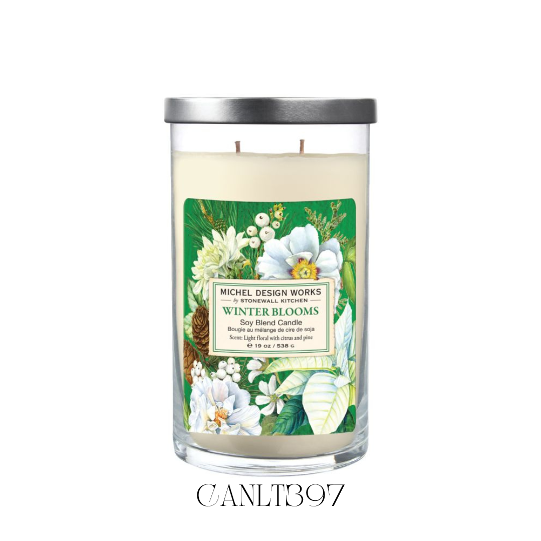 Lit Winter Blooms Large Tumbler Candle with two wicks, offering a warm glow and a clean, even burn. The soy blend wax releases a delicate fragrance of light florals, citrus, and pine, perfect for creating a cosy, inviting atmosphere in any room